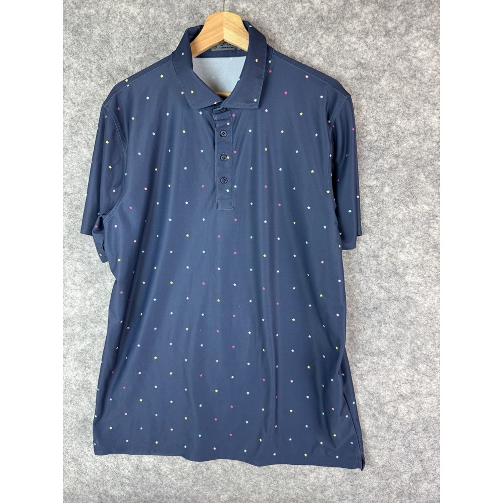 G/Fore Polo Shirt Mens XL Stars Wicking Preformance Short Sleeve Colors Blue AOP